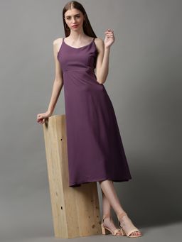 SHOWOFF - Womens Shoulder Straps Solid Violet Midi Dress