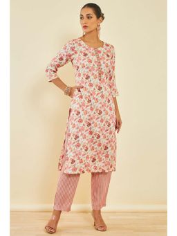 Soch - Womens White Rayon Kurta with Floral Print (Set of 2)