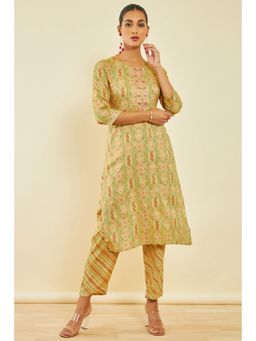 Soch - Womens Green Rayon Kurta with Ethnic Print and Embroidery (Set of 2)