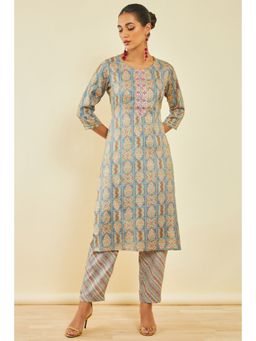 Soch - Womens Grey Rayon Kurta with Ethnic Print and Embroidery (Set of 2)
