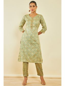 Soch - Womens Sap Green Rayon Kurta with Ethnic Print and Embroidery (Set of 2)