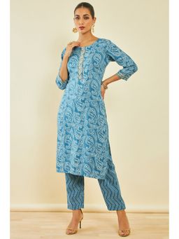 Soch - Womens Blue Rayon Kurta with Paisley Print (Set of 2)