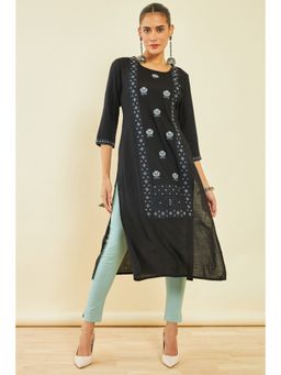 Soch - Womens Black Rayon Slub Kurta with Floral Embroidery