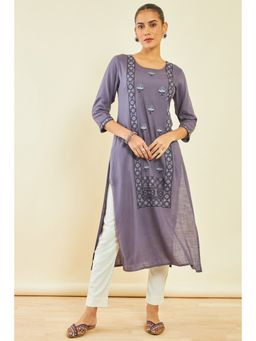 Soch - Womens Grey Rayon Slub Kurta with Floral Embroidery