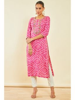 Soch - Womens Pink Rayon Kurta with Bandhani Print and Floral Embroidery