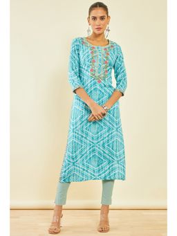 Soch - Womens Turquoise Blue Rayon Kurta with Bandhani Print and Floral Embroidery