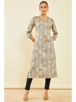 Soch - Womens Earth Rayon Kurta with Floral Print