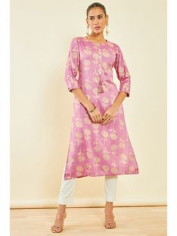 Soch - Womens Onion Pink Rayon Kurta with Floral Print