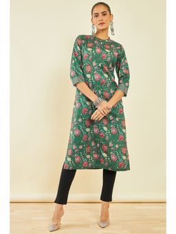 Soch - Womens Green Rayon Kurta with Floral Print