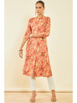 Soch - Womens Peach Rayon Kurta with Floral and Foliage Print