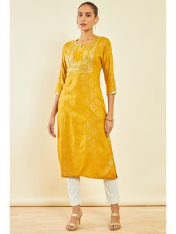 Soch - Womens Mustard Rayon Kurta with Ethnic Print and Embroidery