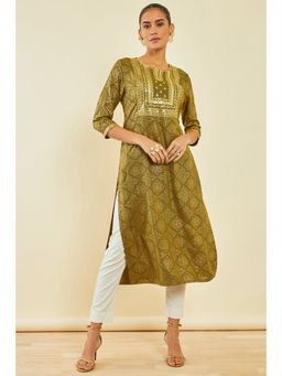 Soch - Womens Olive Rayon Kurta with Ethnic Print and Embroidery