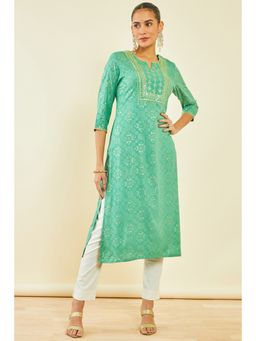 Soch - Womens Green Rayon Kurta with Geometric Print and Ethnic Embroidery