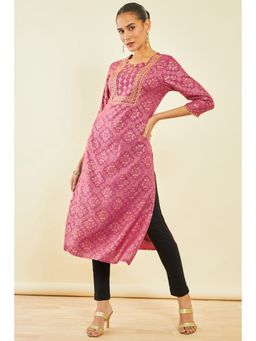 Soch - Womens Onion Pink Rayon Kurta with Geometric Print and Ethnic Embroidery