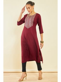 Soch - Womens Maroon Rayon Slub Kurta with Ethnic Embroidery