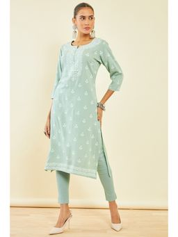 Soch - Womens Sap Green Rayon Kurta with Ethnic Print