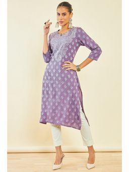 Soch - Womens Purple Rayon Kurta with Ethnic Print