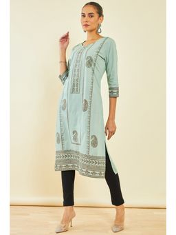 Soch - Womens Sap Green Rayon Kurta with Paisley Print and Stone Work