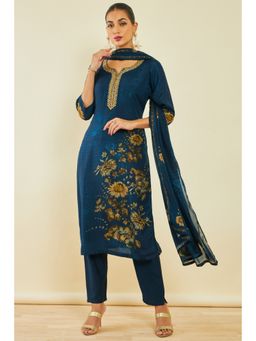 Soch - Womens Navy Blue Silk Blend Kurta with Floral Print and Hand Embroidery (Set of 3)