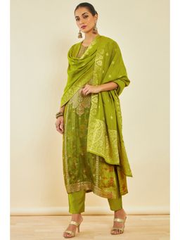 Soch - Womens Green Brocade Kurta with Floral Print and Hand Embroidery (Set of 3)