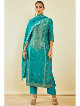 Soch - Womens Turquoise Blue Brocade Blend Kurta with Floral Print & Hand Embroidery (Set of 3)