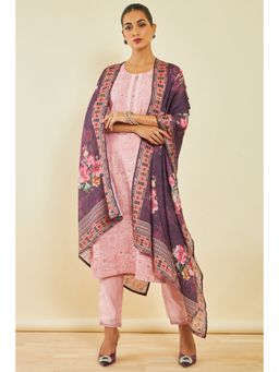 Soch - Womens Pink Silk Blend Kurta with Ethnic Embroidery and Sequins (Set of 3)