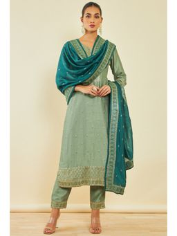 Soch - Womens Sap Green Viscose Blend Kurta with Embroidery and Sequins (Set of 3)