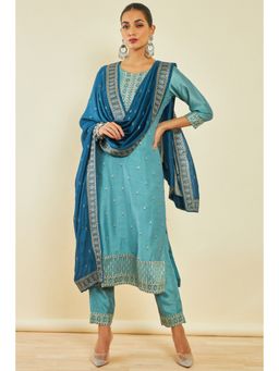 Soch - Womens Powder Blue Viscose Blend Kurta with Embroidery and Sequins (Set of 3)