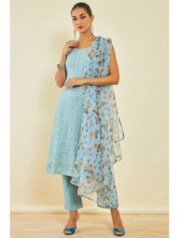Soch - Womens Powder Blue Georgette Kurta with Embroidery and Sequins (Set of 3)