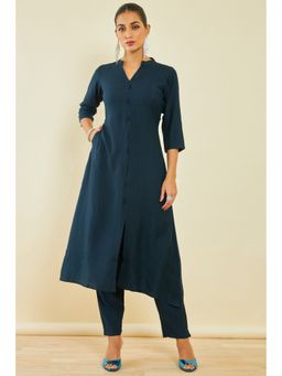 Soch - Womens Navy Blue Solid Silk Blend Kurta (Set of 2)
