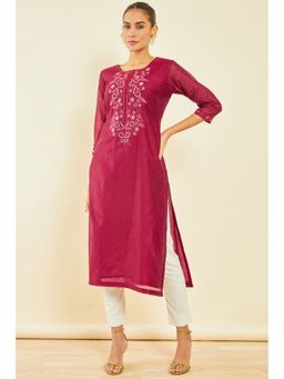 Soch - Womens Maroon Chanderi Kurta with Floral Embroidery