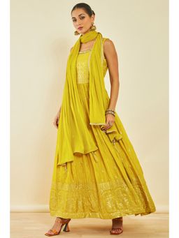 Soch - Womens Mustard Georgette Anarkali with Embroidery and Sequins (Set of 3)
