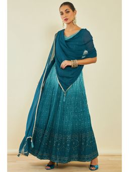 Soch - Womens Turquoise Blue Georgette Anarkali with Embroidery and Sequins (Set of 3)