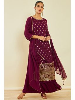 Soch - Womens Maroon Georgette Suit with Ethnic Embroidery and Sequins (Set of 3)