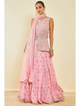 Soch - Womens Pink Georgette Lehenga with Ethnic Embroidery (Set of 3)