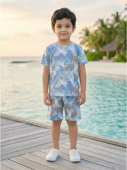BT DEZINES - Boys Blue Half Sleeves Tropical Print T-Shirt and Shorts