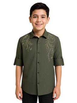 CHARCHIT - Boys Olive Full Sleeves Embellished Casual Shirt
