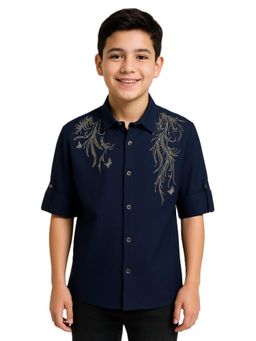 CHARCHIT - Boys Navy Blue Full Sleeves Embellished Casual Shirt