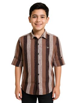 CAVIO - Boys Brown Casual Vertical Striped Shirt