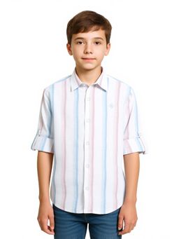 CAVIO - Boys Casual Vertical Striped Roll-Up Sleeves Shirt