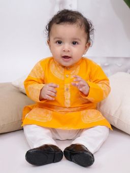 KID1 - Orange Full Sleeves Printed Cotton Kurta and Pyjama
