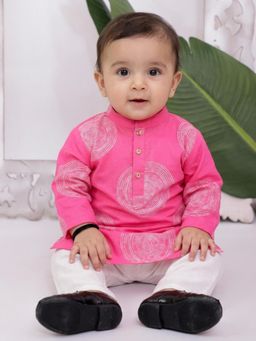 KID1 - Pink Full Sleeves Printed Cotton Kurta and Pyjama
