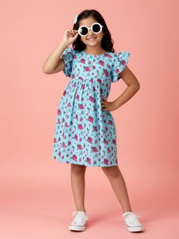 KiddoPanti - Girls Cotton Woven Frill Sleeves Printed Yoke Dress