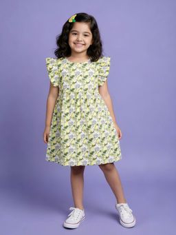 KiddoPanti - Girls Cotton Woven Frill Sleeves Printed Yoke Dress