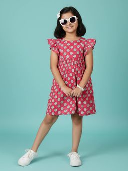 KiddoPanti - Girls Cotton Woven Frill Sleeves Printed Yoke Dress