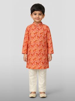 Vastramay - Boys Peach Linen Slub Animal Print Kurta and Pyjama
