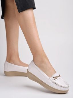 Shoetopia - Upper Metalic Buckle Detailed White Loafers for Women