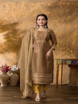 Anveri Textiles - Brown Printed Regular Kurta with Pant and Dupatta