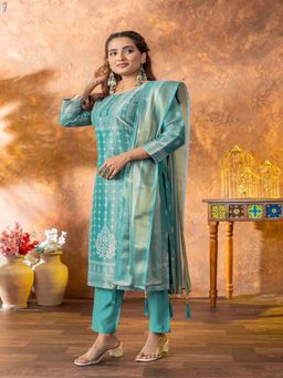 Anveri Textiles - Turquoise Printed Regular Kurta with Pant and Dupatta