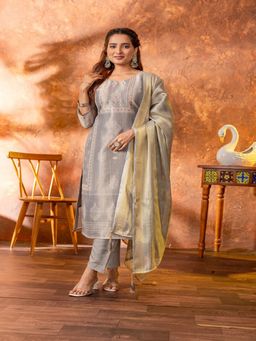 Anveri Textiles - Grey Printed Regular Kurta with Pant and Dupatta